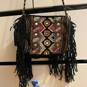 Embroidered, fringe handbag